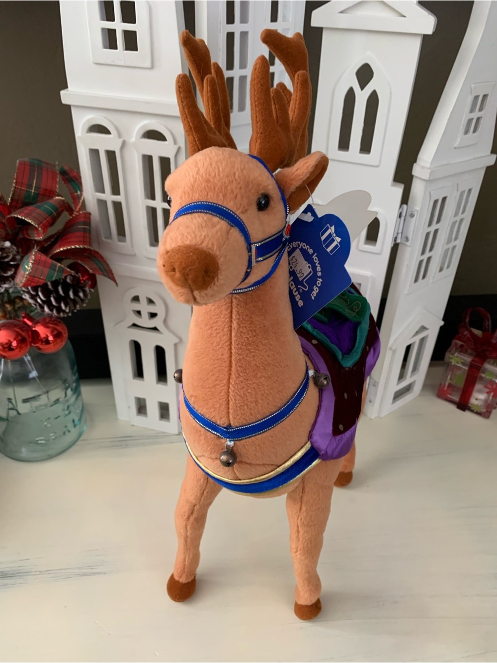 Plush Cinnamon Holiday Reindeer with Purple & Green Saddle - Applause